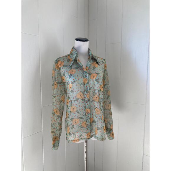 Vintage Darra Sheer Floral Buttondown Blouse, Size 11/12 - Picture 1 of 5